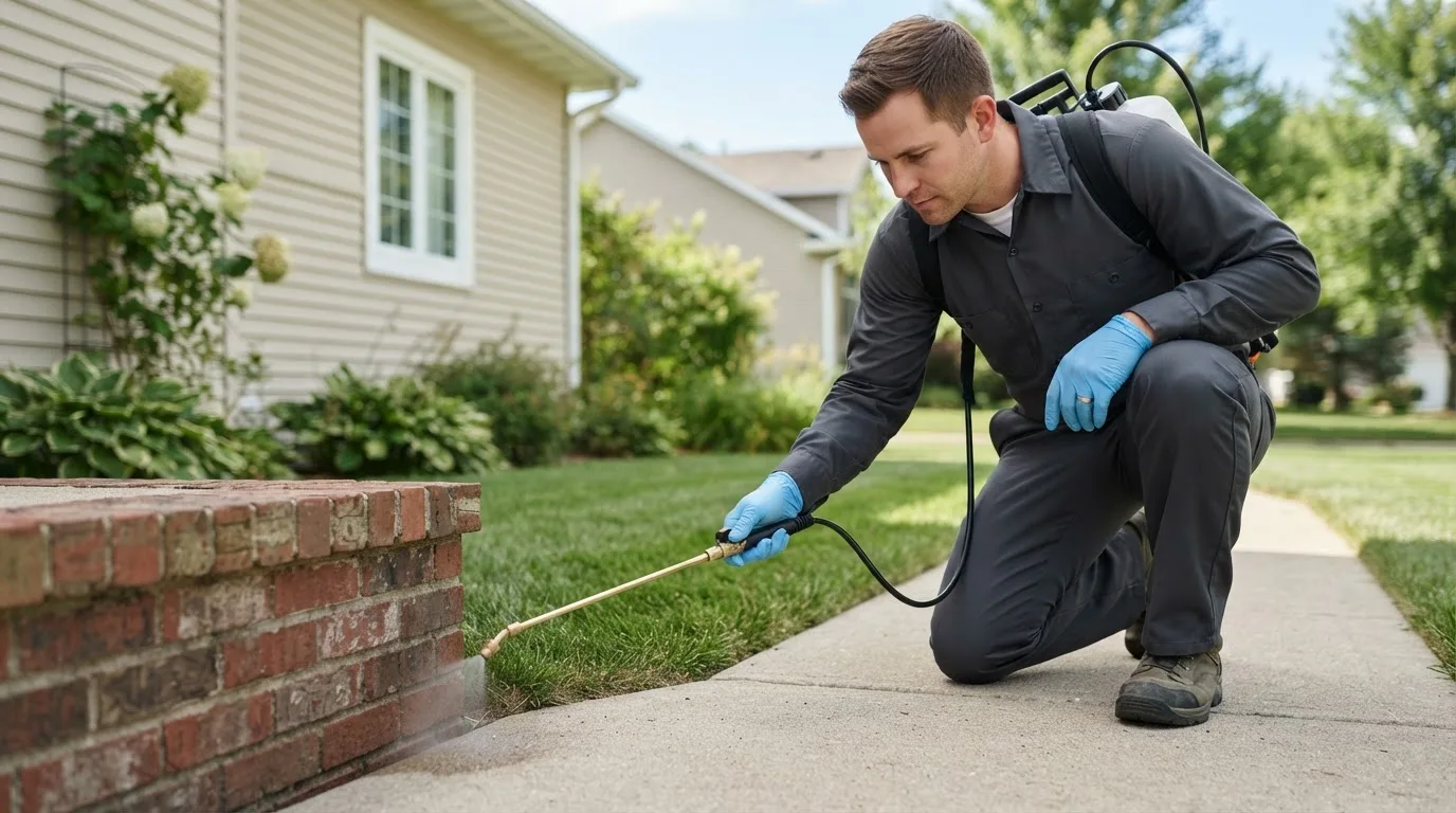 Pest control technician treating a home near Nemours, WV